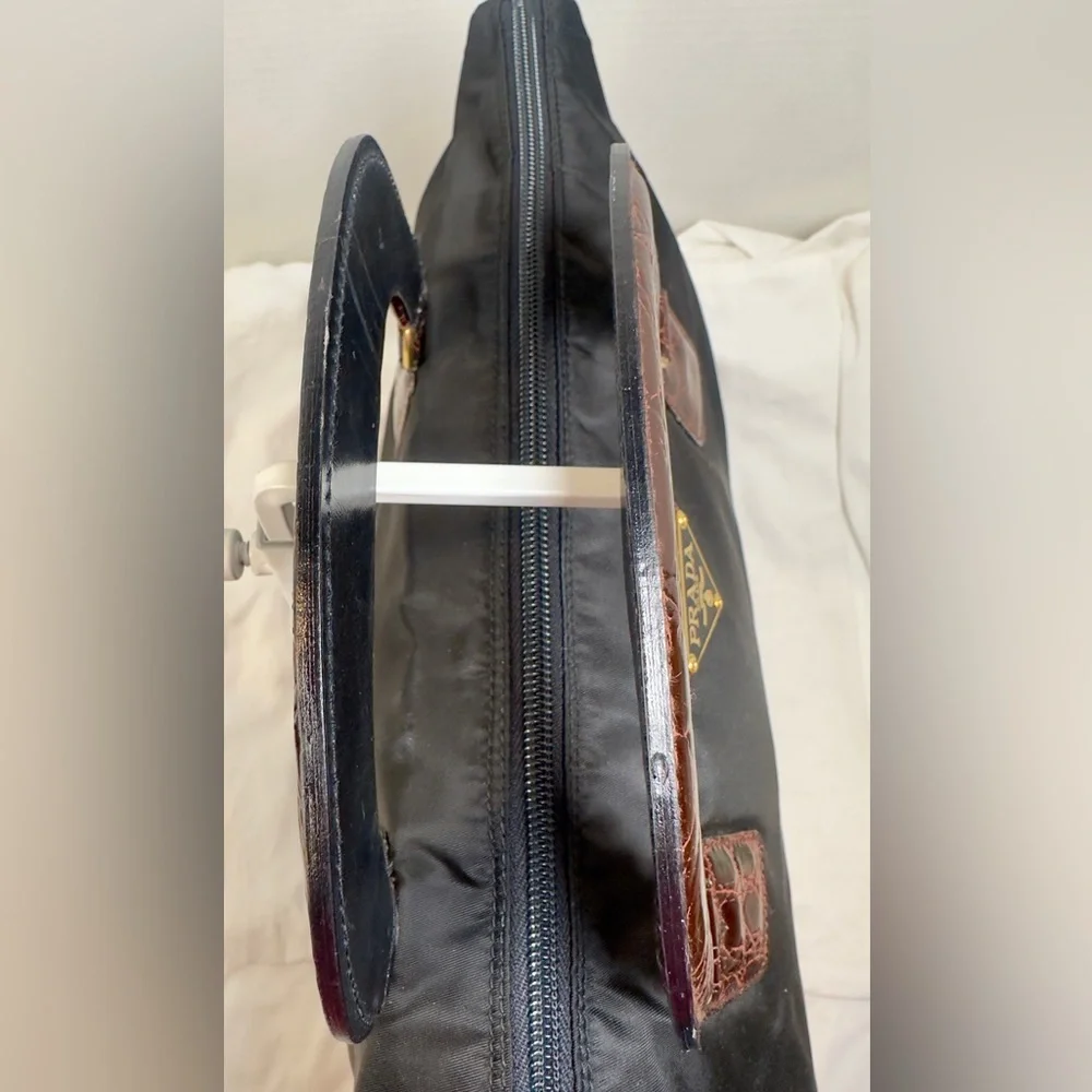 Prada Black Nylon Tote with Croc Embossed Trim